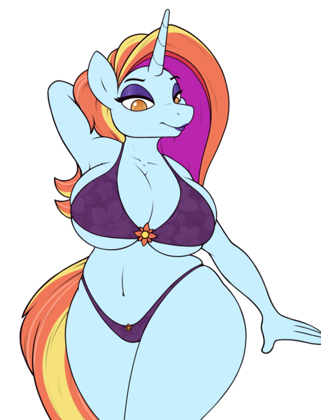 Size: 2296x3000 | Tagged: suggestive, artist:stunnerpone, derpibooru import, sassy saddles, anthro, unicorn, full service playing cards, armpits, belly button, big breasts, bikini, breasts, busty sassy saddles, clothes, curvy, extra thicc, eyeshadow, female, huge breasts, lipstick, makeup, mare, plump, simple background, smiling, solo, solo female, swimsuit, thick, transparent background, wide hips