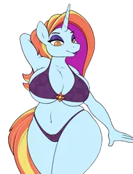 Size: 2296x3000 | Tagged: suggestive, artist:stunnerpone, derpibooru import, sassy saddles, anthro, unicorn, full service playing cards, armpits, belly button, big breasts, bikini, breasts, busty sassy saddles, clothes, curvy, extra thicc, eyeshadow, female, huge breasts, lipstick, makeup, mare, plump, simple background, smiling, solo, solo female, swimsuit, thick, transparent background, wide hips