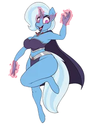 Size: 3075x4018 | Tagged: suggestive, artist:stunnerpone, derpibooru import, trixie, anthro, unguligrade anthro, unicorn, full service playing cards, absurd resolution, alicorn amulet, armpits, belly button, breasts, busty trixie, cape, clothes, colored pupils, curvy, female, magic, mare, midriff, simple background, smiling, solo, solo female, sombra eyes, transparent background, wide hips