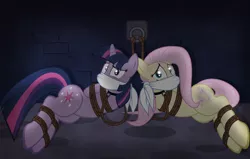 Size: 1024x652 | Tagged: suggestive, artist:radiantrealm, derpibooru import, fluttershy, twilight sparkle, pony, bondage, captured, cloth gag, collar, damsel in distress, femsub, fluttersub, gag, image, kidnapped, leash, png, rope, rope bondage, show accurate, show accurate porn, submissive, tied up, twisub