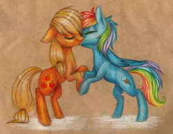 Size: 1269x985 | Tagged: safe, artist:theorderofalisikus, derpibooru import, applejack, rainbow dash, earth pony, pegasus, pony, appledash, eyes closed, female, kissing, lesbian, mare, shipping, traditional art