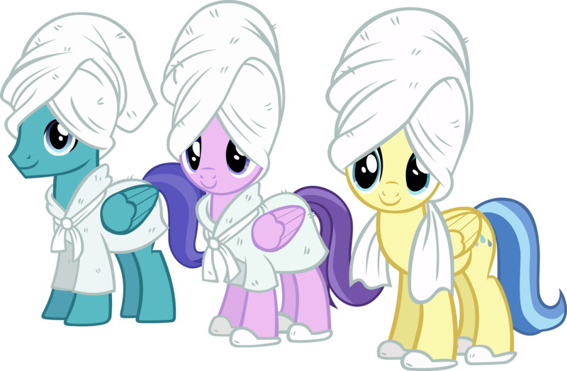 Size: 6823x4462 | Tagged: safe, artist:ironm17, derpibooru import, clear skies, open skies, sunshower, pegasus, pony, absurd resolution, background pony, bathrobe, clothes, female, male, mare, simple background, slippers, stallion, towel, transparent background, trio