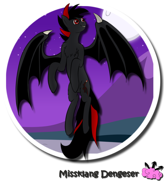 Size: 1000x1102 | Tagged: safe, artist:missklang, derpibooru import, oc, unofficial characters only, bat pony, pony, bat wings, edgy, flying, looking up, night, red and black oc, red eyes, signature, smiling, solo, sticker, wing claws