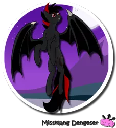 Size: 1000x1102 | Tagged: safe, artist:missklang, derpibooru import, oc, unofficial characters only, bat pony, pony, bat wings, edgy, flying, looking up, night, red and black oc, red eyes, signature, smiling, solo, sticker, wing claws