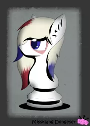 Size: 800x1115 | Tagged: safe, artist:missklang, derpibooru import, oc, oc:persona, unofficial characters only, pony, chess, chess piece, knight, knight pony chess, mouthless, profile, signature, solo, white coat, white knight