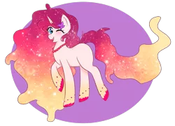 Size: 1280x924 | Tagged: safe, artist:niniibear, derpibooru import, oc, oc:iris, unofficial characters only, lava lamp pony, pony, unicorn, blushing, cannon style, cute, food, happy, orange, pink, purple, smiling, solo, yellow