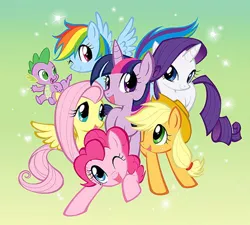 Size: 500x450 | Tagged: safe, artist:akira himekawa, derpibooru import, applejack, fluttershy, pinkie pie, rainbow dash, rarity, spike, twilight sparkle, dragon, earth pony, pegasus, pony, unicorn, gradient background, looking at you, mane seven, mane six