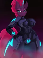 Size: 1644x2244 | Tagged: suggestive, artist:lil miss jay, derpibooru import, tempest shadow, anthro, full service playing cards, my little pony: the movie, armor, big breasts, breasts, broken horn, busty tempest shadow, eye scar, female, hand on hip, image, jpeg, looking at you, scar, solo, solo female, storm king's emblem, thunder thighs, tongue out