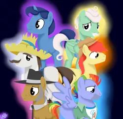 Size: 1500x1450 | Tagged: safe, artist:liniitadash23, derpibooru import, bow hothoof, bright mac, gentle breeze, hondo flanks, igneous rock pie, night light, pegasus, pony, unicorn, the perfect pear, bowtie, clothes, dad six, facial hair, father, hat, horn, male, missing cutie mark, shirt, smiling, stallion