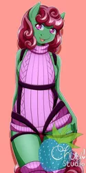 Size: 350x700 | Tagged: alternate version, anthro, anthro oc, artist:xenokurisu, backless, bottomless, breasts, clothes, commission, derpibooru import, female, harness, kneesocks, oc, oc:windcatcher, open-back sweater, partial nudity, pinup, sideboob, simple background, sleeveless sweater, socks, solo, solo female, suggestive, sweater, thigh gap, thighs, unofficial characters only, virgin killer sweater, ych result