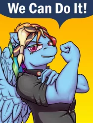 Size: 960x1280 | Tagged: anthro, artist:krd, colored eyebrows, colored eyelashes, derpibooru import, ear piercing, earring, female, flexing, hairband, jewelry, latex, muscles, piercing, pride, rainbow dash, rainbow lashes, rosie the riveter, rubber, safe, solo