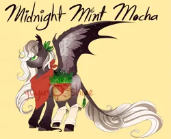 Size: 1171x953 | Tagged: safe, artist:yuyusunshine, derpibooru import, oc, oc:midnight mint mocha, unofficial characters only, bat pony, pony, female, herb, leg warmers, mare, plant, simple background, solo, unshorn fetlocks, watermark