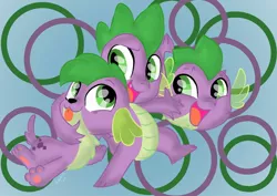 Size: 1024x724 | Tagged: safe, artist:emositecc, derpibooru import, spike, spike the regular dog, dog, dragon, puffer fish, equestria girls, my little pony: the movie, abstract background, doggy dragondox, happy, male, multeity, pit of spikes, self ponidox, solo, species swap, spike the dog, spike the pufferfish, tongue out, trio