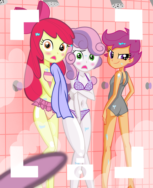 Size: 2400x2959 | Tagged: safe, artist:succubi samus, derpibooru import, apple bloom, scootaloo, sweetie belle, equestria girls, adorasexy, attached skirt, bicolor swimsuit, bikini, blushing, breasts, camera, camera shot, caught, clothes, commission, covering, cute, cutie mark crusaders, delicious flat chest, embarrassed, embarrassed underwear exposure, explicit source, female, frilled swimsuit, gray swimsuit, implied spike, lidded eyes, one-piece swimsuit, pink swimsuit, polka dot swimsuit, purple swimsuit, scootaflat, sexy, show accurate, shower, showers, smiley face, smiling, smirk, steam, surprised, swimsuit, trio, varying degrees of want, voyeur, voyeurism