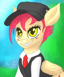 Size: 720x864 | Tagged: safe, artist:rain-hatchett, derpibooru import, oc, oc:summer rain, unofficial characters only, pegasus, pony, cap, clothes, female, grin, hat, human teeth, smiling, solo