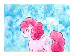 Size: 998x760 | Tagged: safe, artist:kaikaku, derpibooru import, pinkie pie, pony, confetti, eyes closed, grin, profile, smiling, solo, traditional art, watercolor painting