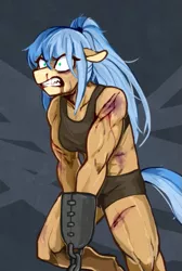 Size: 437x652 | Tagged: angry, anthro, artist:redxbacon, black underwear, blood, bondage, boyshorts, bra, breasts, bruised, chained, clothes, crop top bra, derpibooru import, female, gritted teeth, injured, muscles, oc, oc:tea cozy, panties, shrunken pupils, solo, suggestive, underwear, unofficial characters only