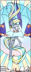 Size: 1325x3027 | Tagged: safe, artist:alphaaquilae, derpibooru import, oc, oc:booker, unofficial characters only, bat pony, pony, book, solo, stained glass