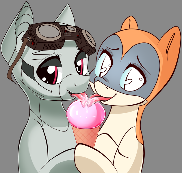 Size: 1620x1542 | Tagged: safe, artist:airiniblock, derpibooru import, oc, oc:dorn, oc:kiva, unofficial characters only, original species, plane pony, pony, robot, robot pony, female, food, gray background, ice cream, kirn, licking, male, oc x oc, plane, rcf community, shipping, simple background, smiling, tongue out