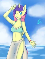 Size: 2902x3794 | Tagged: alicorn, alicorn oc, anthro, anthro oc, armpits, artist:wolfy-pony, breasts, clothes, derpibooru import, female, mare, oc, oc:solaria, one eye closed, sarong, smiling, solo, solo female, suggestive, swimsuit, unofficial characters only, wink