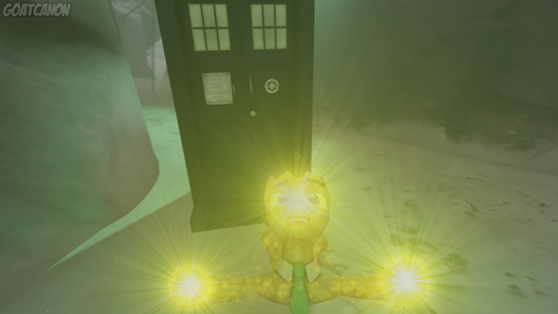 Size: 3840x2160 | Tagged: safe, artist:goatcanon, derpibooru import, doctor whooves, time turner, pony, 3d, crossover, doctor who, regeneration, snow, source filmmaker, spoilers for another series, tardis, the doctor falls, time lord, twelfth doctor