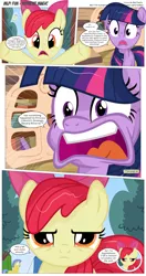 Size: 3300x6231 | Tagged: safe, artist:perfectblue97, derpibooru import, apple bloom, twilight sparkle, earth pony, pony, comic:without magic, absurd resolution, blank flank, book, bookshelf, comic, earth pony twilight, golden oaks library, royal guard