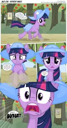 Size: 3300x6231 | Tagged: safe, artist:perfectblue97, derpibooru import, button mash, sunny daze, twilight sparkle, earth pony, pony, comic:without magic, absurd resolution, apple, apple tree, blank flank, clothes, comic, earth pony twilight, food, poster, slendermane, sweet apple acres, tree