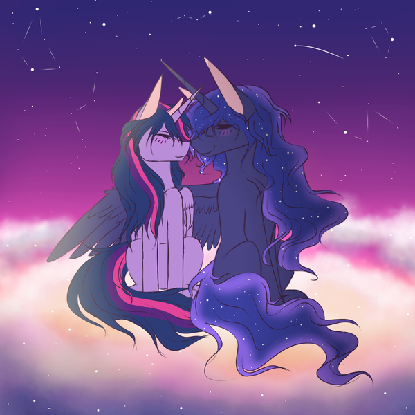 Size: 1000x1000 | Tagged: safe, artist:pndrws, derpibooru import, princess luna, twilight sparkle, twilight sparkle (alicorn), alicorn, pony, boop, cloud, constellation, eyes closed, female, lesbian, mare, noseboop, shipping, sitting, smiling, twiluna