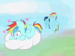 Size: 2048x1536 | Tagged: safe, artist:periwinkietwinkie, derpibooru import, rainbow dash, oc, oc:azura, oc:cyclone blitz, pony, cloud, colt, heart, male, offspring, parent:rainbow dash, parent:soarin', parents:soarindash, prone