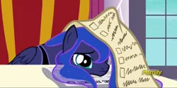 Size: 1416x700 | Tagged: safe, derpibooru import, screencap, princess luna, alicorn, pony, a royal problem, checklist, cute, discovery family logo, female, lunabetes, mare, newspaper, paper, parchment, sadorable, solo, tired, working