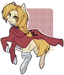 Size: 666x783 | Tagged: safe, artist:tenebristayga, derpibooru import, ponified, earth pony, pony, clothes, crossover, edward elric, fullmetal alchemist, male, simple background, smiling, solo, stallion, transparent background