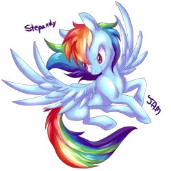 Size: 2500x2500 | Tagged: safe, artist:ihasjessie-kat, artist:stepandy, derpibooru import, edit, rainbow dash, pegasus, pony, collaboration, female, flying, looking back, mare, multicolored hair, simple background, smiling, solo, spread wings, transparent background, wings