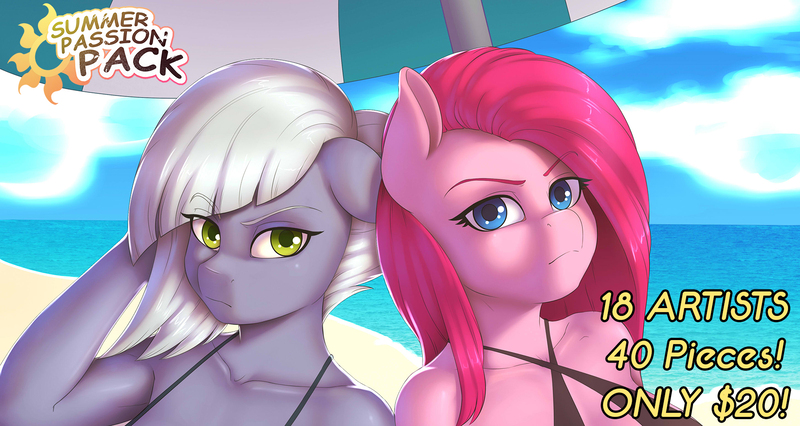 Size: 1750x932 | Tagged: safe, artist:souladdicted, derpibooru import, limestone pie, pinkie pie, anthro, earth pony, art pack:summer passion pack, advertisement, art pack, beach, bikini, clothes, duo, female, looking at you, mare, pie sisters, pinkamena diane pie, siblings, sisters, swimsuit