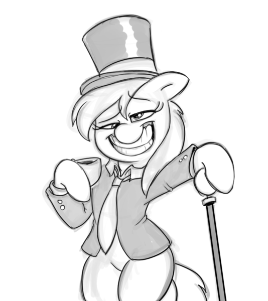 Size: 734x824 | Tagged: safe, artist:mickeymonster, derpibooru import, derpy hooves, pegasus, pony, big grin, bipedal, cane, clothes, dapper, fancy, female, food, grin, hat, monochrome, necktie, smiling, solo, suit, tea, top hat