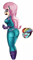 Size: 1316x2370 | Tagged: suggestive, artist:cabrony, derpibooru import, fluttershy, rainbow dash, saddle rager, zapp, equestria girls, movie magic, spoiler:eqg specials, ass, blushing, breasts, clothes, costume, flutterbutt, gloves, hairclip, implied lesbian, looking back, power ponies, skintight clothes, stupid sexy fluttershy