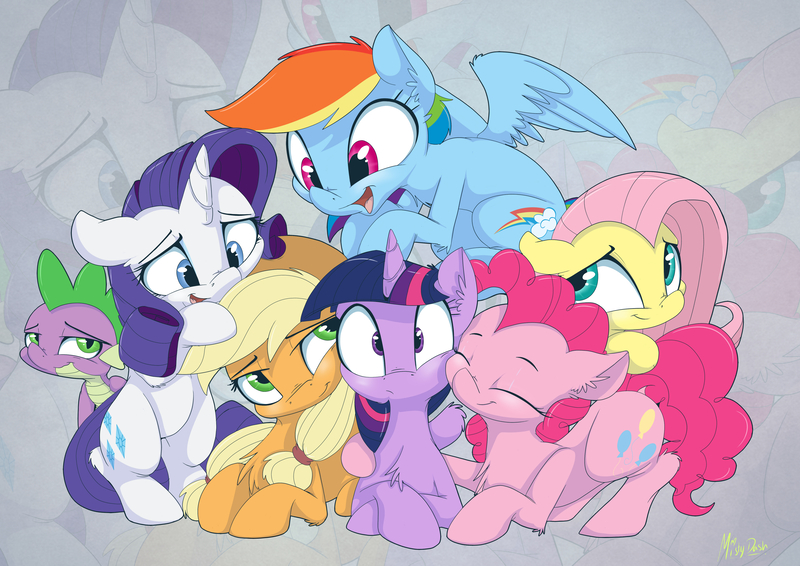 Size: 4971x3515 | Tagged: safe, artist:mistydash, derpibooru import, applejack, fluttershy, pinkie pie, rainbow dash, rarity, spike, twilight sparkle, twilight sparkle (alicorn), alicorn, dragon, earth pony, pegasus, pony, unicorn, absurd resolution, baby, baby dragon, chest fluff, cuddle puddle, cuddling, cute, cutie mark, dashabetes, diapinkes, female, floppy ears, group photo, jackabetes, male, mane seven, mane six, mare, mistydash is trying to murder us, nuzzling, pony pile, prone, raribetes, shyabetes, signature, smiling, snuggling, spikabetes, twiabetes, twilight sparkle gets all the mares, wide eyes, zoom layer