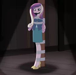 Size: 1971x1944 | Tagged: suggestive, artist:radiantrealm, derpibooru import, princess cadance, equestria girls, ballgag, blushing, bondage, clothes, commission, damsel in distress, dean cadance, duct tape, female, gag, high heels, kidnapped, pole, pole tied, shoes, show accurate, show accurate porn, skirt, solo, solo female, standing, tape, tape bondage, tied up