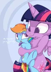 Size: 2480x3507 | Tagged: safe, artist:mistydash, derpibooru import, rainbow dash, twilight sparkle, twilight sparkle (alicorn), alicorn, pegasus, pony, chest fluff, colored pupils, cuddling, cute, daaaaaaaaaaaw, dashabetes, dialogue, female, fluffy, hape, heart eyes, hug, lesbian, mare, non-consensual cuddling, open mouth, shipping, shoulder fluff, size difference, smoldash, snuggling, twiabetes, twidash, twilest dashle, underhoof, wingding eyes