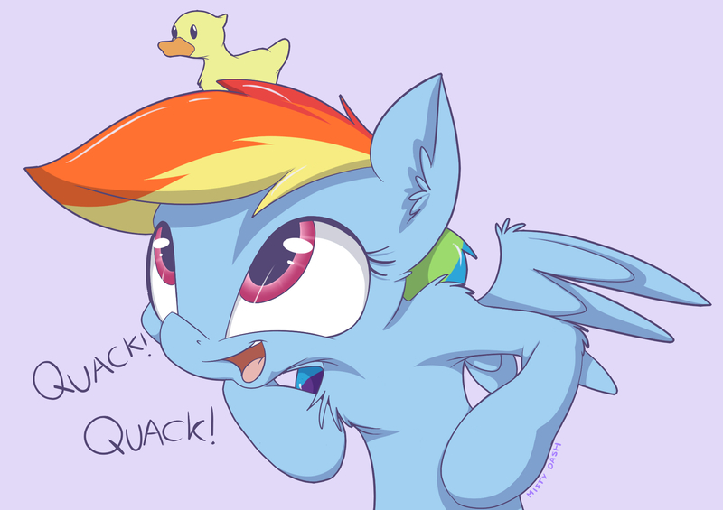 Size: 1994x1408 | Tagged: safe, artist:mistydash, derpibooru import, rainbow dash, pegasus, pony, armpits, cute, dashabetes, ear fluff, female, mare, open mouth, quack, rubber duck, silly, silly pony, simple background, solo