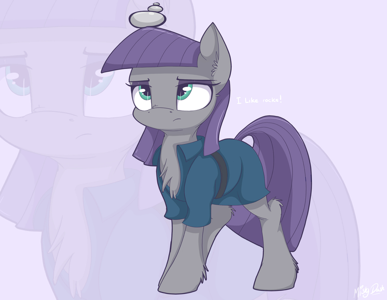 Size: 2753x2132 | Tagged: safe, artist:mistydash, derpibooru import, maud pie, pony, balancing, chest fluff, clothes, commission, cute, ear fluff, fluffy, leg fluff, looking up, maudabetes, open clothes, rock, solo, that pony sure does love rocks, unshorn fetlocks, zoom layer