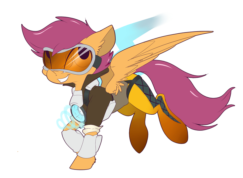 Size: 2486x1823 | Tagged: safe, artist:mistydash, derpibooru import, scootaloo, pegasus, pony, bomber jacket, clothes, crossover, ear fluff, female, filly, goggles, grin, jacket, overwatch, simple background, smiling, solo, spread wings, tracer, white background, wing fluff, wings