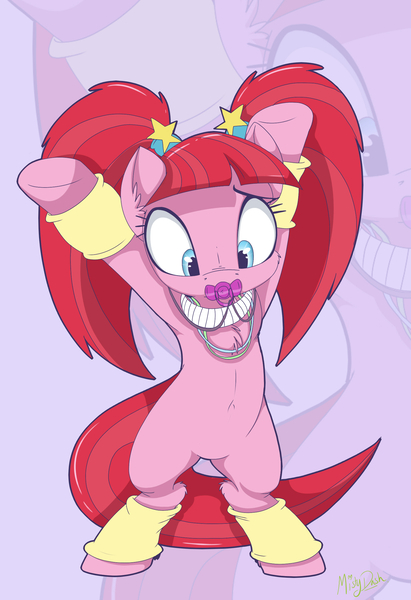 Size: 1546x2259 | Tagged: safe, artist:mistydash, derpibooru import, pacific glow, pony, the saddle row review, armpits, bipedal, chest fluff, cute, glowbetes, leg warmers, pacifier, solo, zoom layer