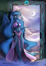 Size: 1556x2200 | Tagged: safe, artist:fidzfox, derpibooru import, princess luna, alicorn, anthro, plantigrade anthro, 2017, :3, adorasexy, ankle bracelet, anklet, barefoot, beautiful, beautisexy, bedroom eyes, belly button, boob window, breasts, busty princess luna, cleavage, clothes, cloud, come hither, commission, constellation, crescent moon, cute, dream walker luna, feet, female, goddess, hand behind back, image, jewelry, jpeg, legs, loincloth, looking at you, mare, midriff, moon, portal, seductive, sexy, skimpy outfit, smiling, smiling at you, solo, spread wings, stupid sexy princess luna, tiptoe, toes, wide hips, wings