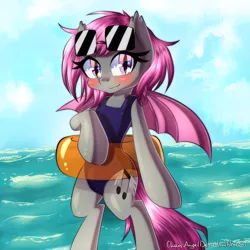 Size: 2000x2000 | Tagged: safe, artist:chaosangeldesu, derpibooru import, oc, oc:fruitful melody, unofficial characters only, bat pony, semi-anthro, beach, bipedal, clothes, image, inflatable, inner tube, one-piece swimsuit, png, swimsuit, water