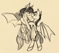 Size: 1488x1346 | Tagged: safe, artist:lunebat, derpibooru import, oc, oc:lunette, oc:silver wind, unofficial characters only, bat pony, pony, bride, clothes, colt, couple, dress, female, holding a pony, looking at each other, male, mare, monochrome, silvette, sketch