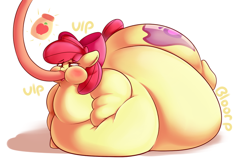 Size: 1280x867 | Tagged: questionable, artist:graphenescloset, derpibooru import, apple bloom, pony, apple blob, applesauce, belly, belly bed, chubby bloom, chubby cheeks, fat, feeding tube, force feeding, huge butt, immobile, impossibly large belly, impossibly large butt, inflation, juice, large butt, morbidly obese, obese, puffy cheeks, stomach noise, tongue out, weight gain