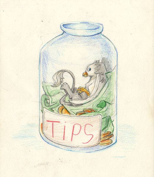 Size: 1041x1200 | Tagged: safe, artist:thekuto, derpibooru import, oc, oc:der, unofficial characters only, gryphon, jar, micro, money, tip