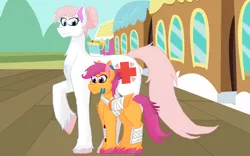 Size: 6000x3750 | Tagged: safe, artist:cornerverse, derpibooru import, nurse redheart, scootaloo, earth pony, pegasus, pony, absurd resolution, bandage, female, filly, implied child abuse, injured, injured wing, mare, mother and daughter