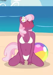 Size: 2471x3477 | Tagged: suggestive, artist:tolpain, derpibooru import, cheerilee, anthro, earth pony, beach, beach ball, belly button, bikini, blushing, breasts, clothes, female, flower, flower in hair, ocean, sand, solo, solo female, swimsuit