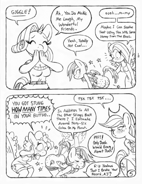 Size: 849x1100 | Tagged: anthro, applejack, artist:circe, ass, bee sting, black and white, bragging, breasts, butt, comic, comic:soreloser, derpibooru import, erect nipples, fluttershy, grayscale, literal butthurt, looking at butt, monochrome, mooning, nipple outline, pinkie pie, presenting, rainbow dash, rarity, spread wings, suggestive, traditional art, wide eyes, wingboner, wings